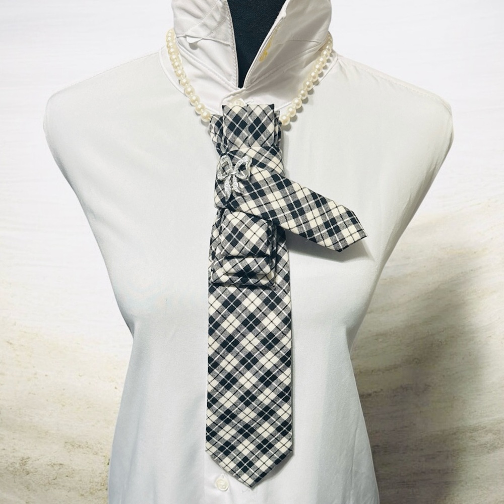 Black and White Plaid Necktie with Stylish Silver Bow Brooch